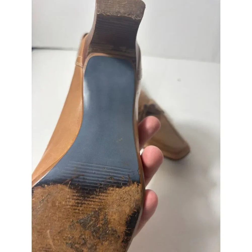 Naturalizer Kitten Heels 7.5 Brown Tan Square Toe Loafer Bow Leather 90s Y2K